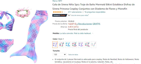 Cola de Sirena Niña 4pcs Traje de Baño por 14,97€