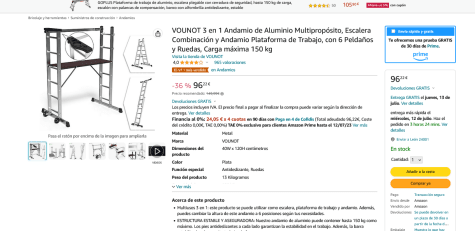 VOUNOT 3 en 1 Andamio de Aluminio Multipropósito, Escalera Combinación y  Andamio Plataforma de Trabajo, con 6 Peldaños y Ruedas, Carga máxima 150 kg  : : Bricolaje y herramientas