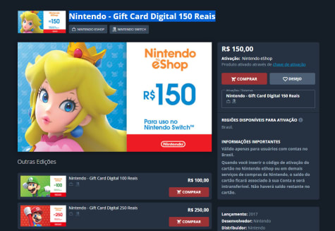 Cartao Eshop 100 Reais Nintendo Switch