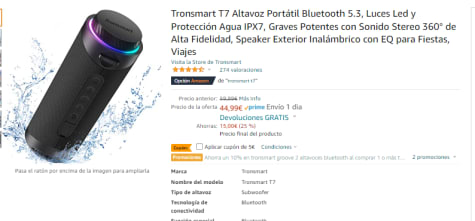 Tronsmart T7 Altavoz Portátil Bluetooth 5.3, Luces Led y Protección Agua  IPX7, Graves Potentes con Sonido Stereo 360° de Alta Fidelidad, Speaker  Exterior Inalámbrico con EQ para Fiestas, Viajes : : Electrónica