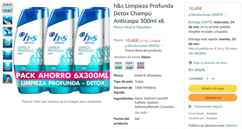 6 unidades x 300 ml - H&S Limpieza Profunda Detox Champú Anticaspa por ...