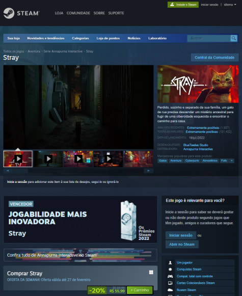 Stray é o jogo mais vendido na Steam