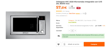 Microondas con Grill, Orbegozo MIG2025, 800W, Integrable, Inox.
