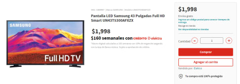 LED Samsung 43 Full HD Smart a $1,998 en Elektra