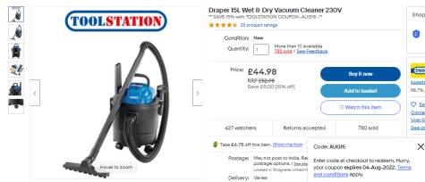 Dry Vacuum Cleaner 230V for £38.23 at Ebay