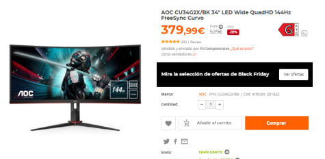 AOC CU34G2X/BK 34 LED Wide QuadHD 144Hz FreeSync Curvo