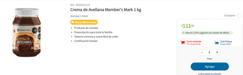 Crema de avellana Member's Mark por $95 en Sam's Club