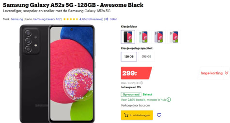 Samsung Galaxy A52s 5G - 128GB - Awesome Black voor €249 na cashback bij  Bol.com