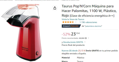 Taurus Pop'N'Corn Máquina para Hacer Palomitas, 1100 W, Plástico
