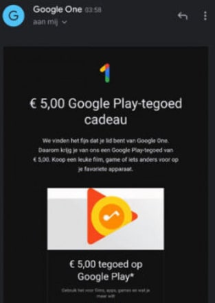 genoeg gevolgtrekking Stemmen €5 gratis Play Store tegoed voor Google One-gebruikers
