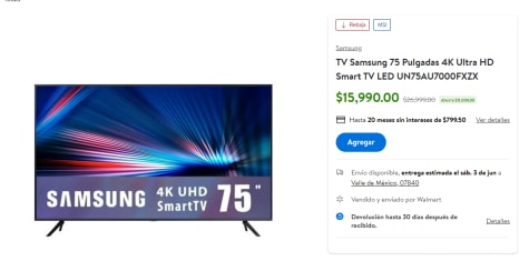 TV Samsung 75 Pulgadas 4K Ultra HD Smart TV LED UN75AU7000FXZX