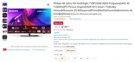 Philips 4K LED Ambilight TV, PUS8818, 75 Pulgadas, UHD 4K TV, 60Hz, P5 Picture  Engine, HDR10+, Google Smart TV, Dolby Atmos, Altavoces 20  W, Soporte, Prime, Netflix, , Asistente de Google, Alexa