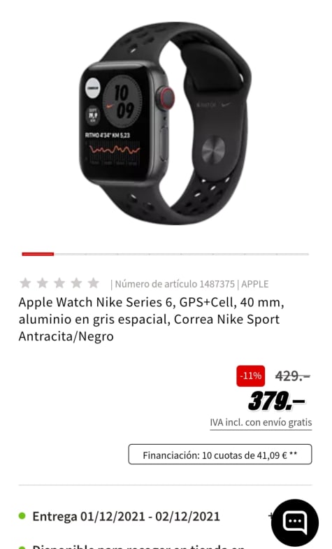 Apple Watch 6, GPS+Cell, Correa Nike Sport Antracita/Negro