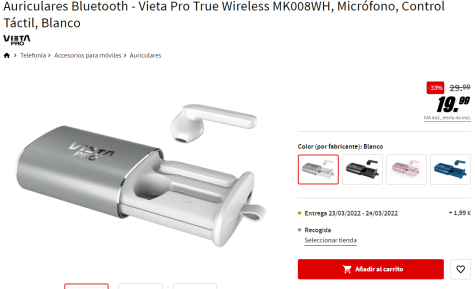 Auriculares Bluetooth - Vieta Pro True Wireless MK008WH, Micrófono