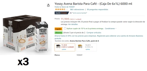 Yosoy Avena Barista Para Café - (Caja De 6x1L) 6000 ml : :  Alimentación y bebidas