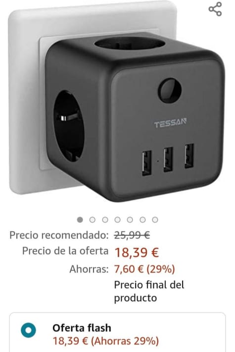 TESSAN Enchufe USB, 6 en 1 Cubo Ladron Enchufes Triple con 3 Puertos USB,  Enchufe Multiple Pared con Interruptor, Cargador Compatible con Phone, Pad