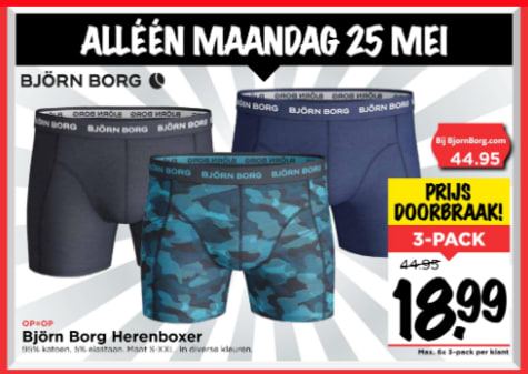 marmeren Gentleman vriendelijk liter Björn Borg 3-pack boxershorts voor €18,99 bij Vomar