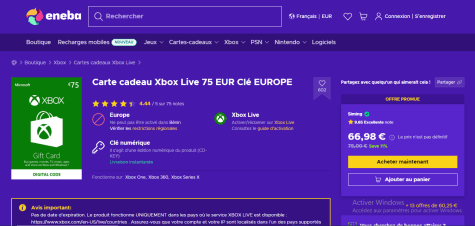 Carte cadeau Xbox Live Europe de 50€ (Dématérialisé) –