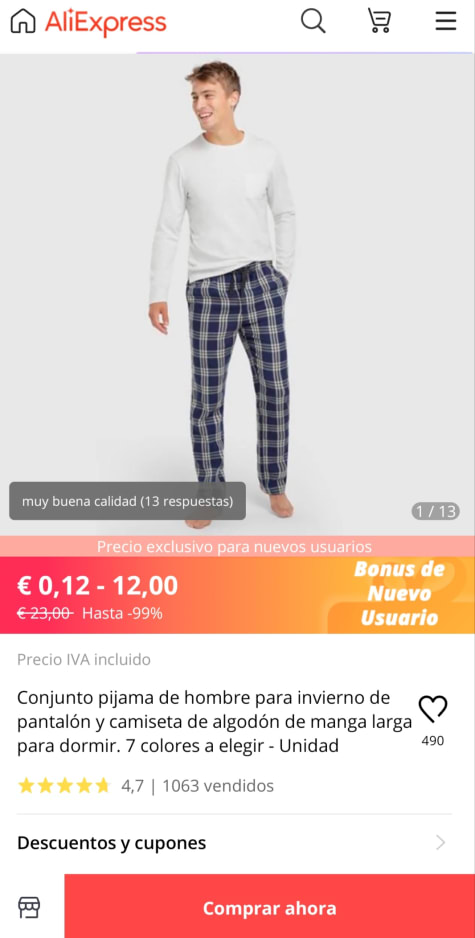 Conjunto de 2 piezas pijamas Hombre 0,12€ ( nuevos usuarios primera compra)