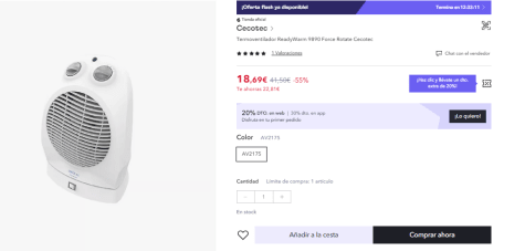 Cecotec Calefactor Eléctrico de Baño Bajo Consumo ReadyWarm 9890