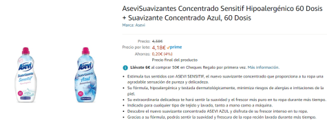 Suavizante concentrado Sensitif hipoalergénico botella 60 dosis · ASEVI ·  Supermercado El Corte Inglés El Corte Inglés