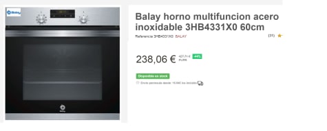 Balay Horno Multifuncion 3HB4331X0 por 238.09€ en Sihogar