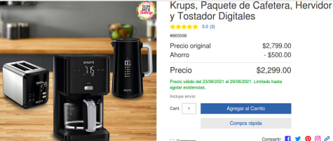 Paquete de Cafetera Krups, Hervidor y Tostador Digitales por $2,299 en  Costco