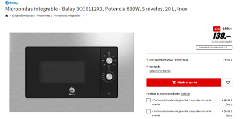 Microondas integrable balay 3cg6112x3