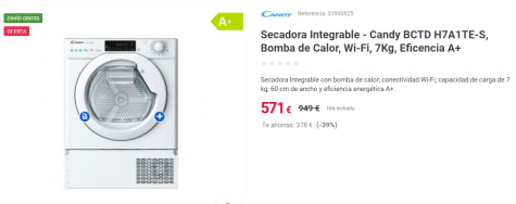 Secadora Integrable - Candy BCTD H7A1TE-S, Bomba de Calor, Wi-Fi, 7Kg,  Eficencia A+ por 571€