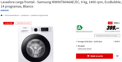 Lavadora 9 kg Samsung A WW90TA046AE - Blanca