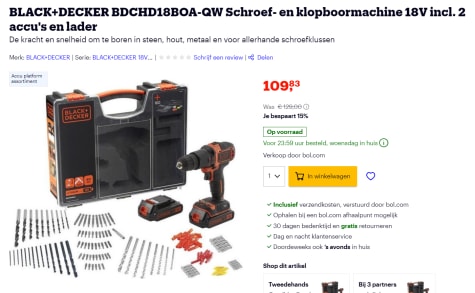 tolerantie Brouwerij Vooruitzicht Black & Decker BDCHD18BOA-QW boormachine voor €109,84 bij Bol.com