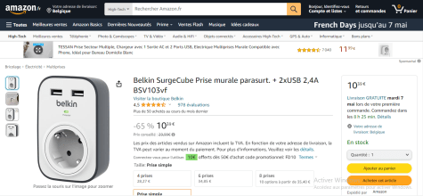 Prise murale parasurtenseur Belkin SurgeCube BSV103vf - 2xUSB 2, 4A à ...