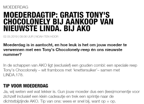 Bij aankoop van de nieuwste LINDA bij AKO een Tony’s Chocolonely-reep gratis Aanbiedingen Bij aankoop van de nieuwste LINDA bij AKO een Tony’s Chocolonely-reep gratis Aanbiedingen