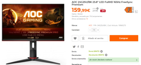 Monitor AOC 24G2SU/BK de 23,8 pulgadas, Monitores AOC