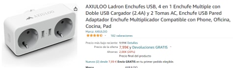 AXIULOO Ladron Enchufes USB, 4 en 1 Enchufe Multiple con Doble USB Cargador  (2.4A) y