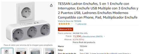 TESSAN Ladron Enchufes, 5 en 1 Enchufe con Interruptor, Enchufe USB  Multiple con 3 Enchufes y