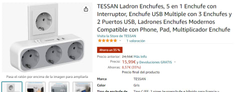 TESSAN Ladron Enchufes, Enchufe Multiple Pared con USB, 5 en 1 Enchufe USB  Pared con 1