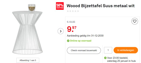 zonde Slank mosterd WOOOD Suus Bijzettafel - Metaal - Wit - voor €9,97