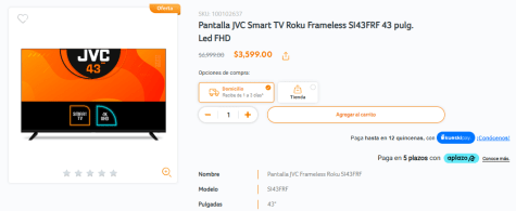 Pantalla JVC 43 Pulgadas Smart TV Roku FHD SI43FRF