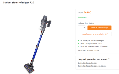 Panter Paragraaf Concurreren Sauber steelstofzuiger R20 25,9 volt vermogen voor €149