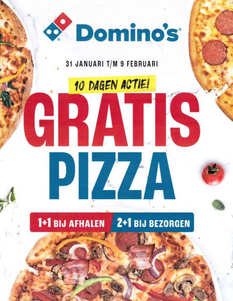 bibliothecaris tellen Bruidegom 1+1 gratis op pizza's bij Domino's