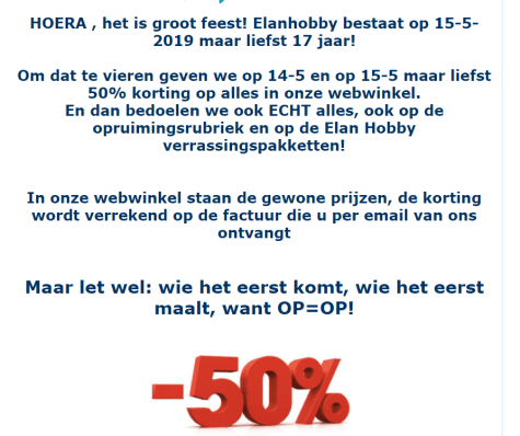 50% korting op alles bij Elan Hobby Aanbiedingen 50% korting op alles bij Elan Hobby Aanbiedingen