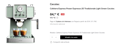 Cecotec Cafetera Express Power Espresso 20 Bares con Manómetro