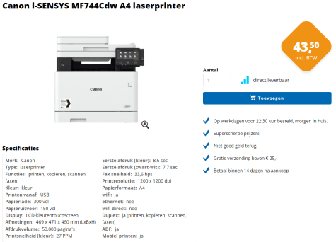Prijsfout! Canon i-SENSYS MF744Cdw A4 laserprinter voor €43,50 bij ...