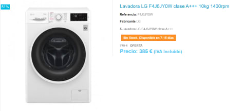 Lavadora LG F4J6JY0W A+++ 10kg por 385€ en Tienda