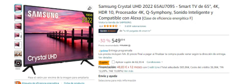 Samsung Crystal UHD 2022 65AU7095 - Smart TV de 65, 4K, HDR 10, Procesador  4K, Q-Symphony, Sonido Inteligente y Compatible con Alexa : :  Electrónica