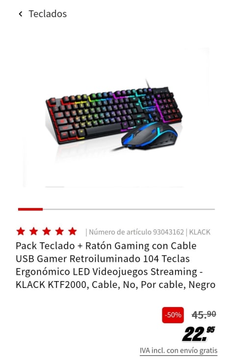 Pack Teclado + Ratón Gaming con Cable USB Gamer Retroiluminado 104 Teclas  Ergonómico LED Videojuegos Streaming - KTF2000 KLACK, Cable, Por cable,  Negro