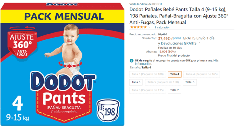 Dodot Pañales Bebé Pants Talla 4 (9-15 kg), 198 Pañales, Pañal-Braguita con  Ajuste 360° Anti-Fugas, Pack Mensual