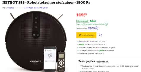 Create NETBOT S18 1800 Robotstofzuiger voor €149,95 bij Bol.com