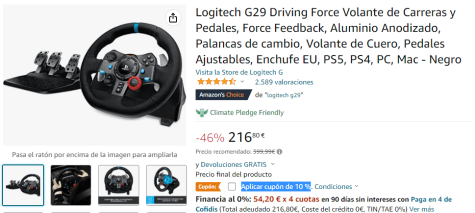 Logitech G29 Driving Force Volante de Carreras y Pedales, Force Feedback,  Aluminio Anodizado, Palancas de cambio, Enchufe EU, PS5, PS4, PC, Mac